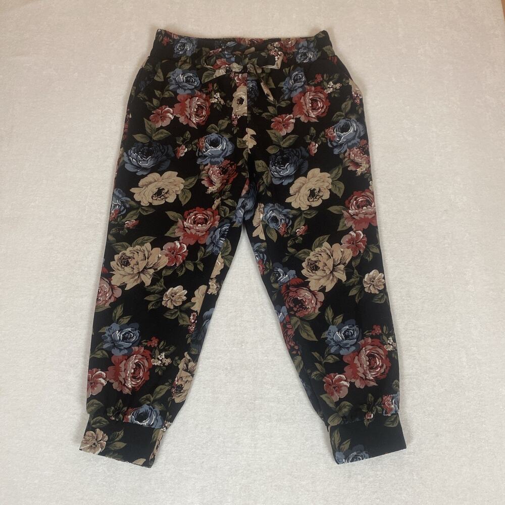 Floral Jogger Pants Large Black Rose Print Elastic Waist Tie Lounge Boho